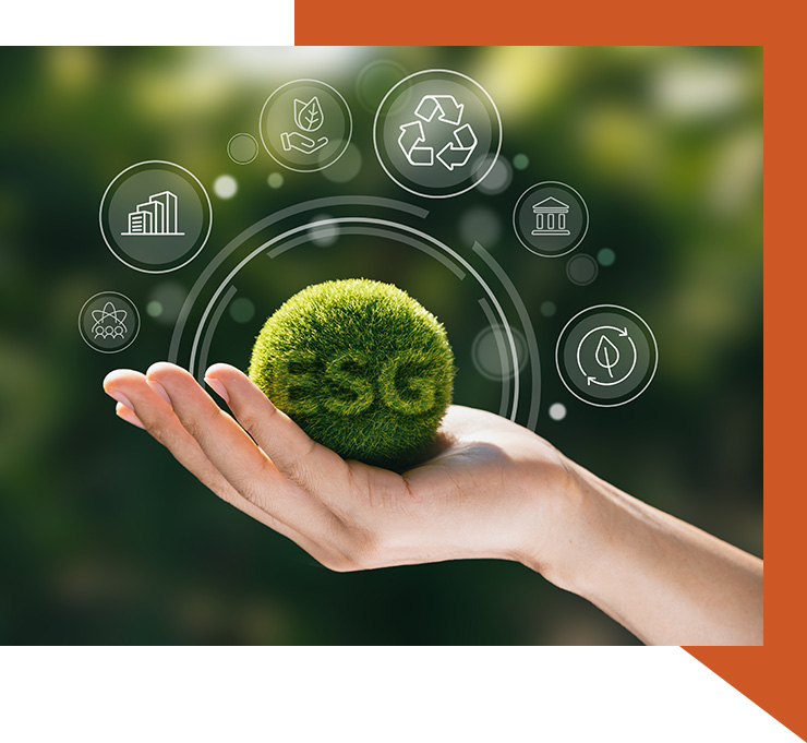 An illustration of a hand holding a grass ball with the letters 'ESG' carved on it. Surrounding the ball are various symbols representing environmental responsibility.