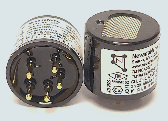 An image showing two S4 MPS™ sensors side by side. The sensor on the left is lying down, displaying the bottom with 5 pins. The sensor on the right is standing upright.