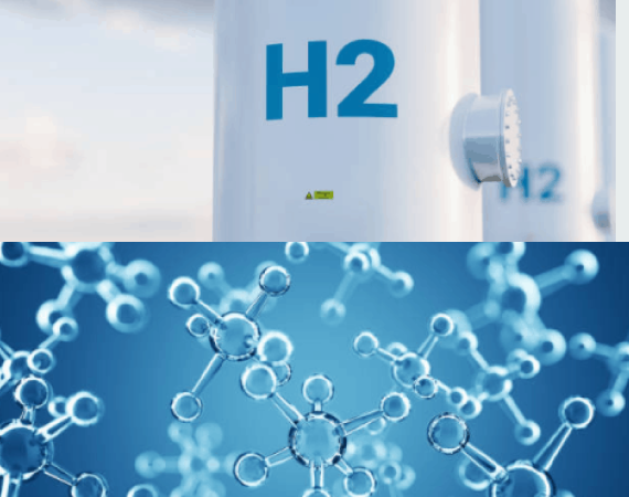 Hydrogen storage tanks labeled H2 with hydrogen molecular structure overlay
