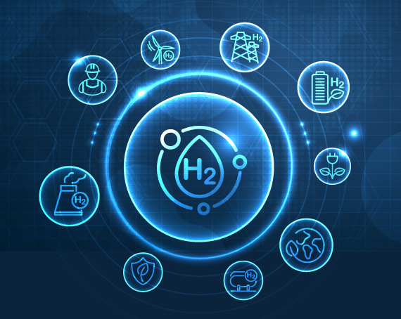 Digital graphic of hydrogen H2 surrounded by industry icons representing applications and use cases