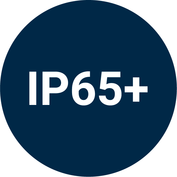 IP65+ approved rating signifies a high level of protection against environmental elements, specifically indicating that a device is completely dust-tight and resistant to low-pressure water jets.